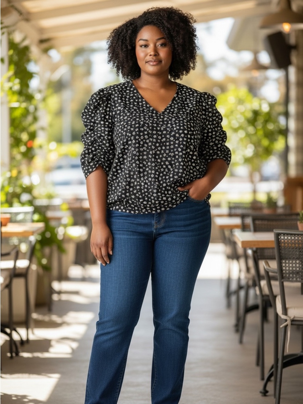 BLOUSOLOGY  plus size Black Floral Puff-Sleeve Blouse size 2x